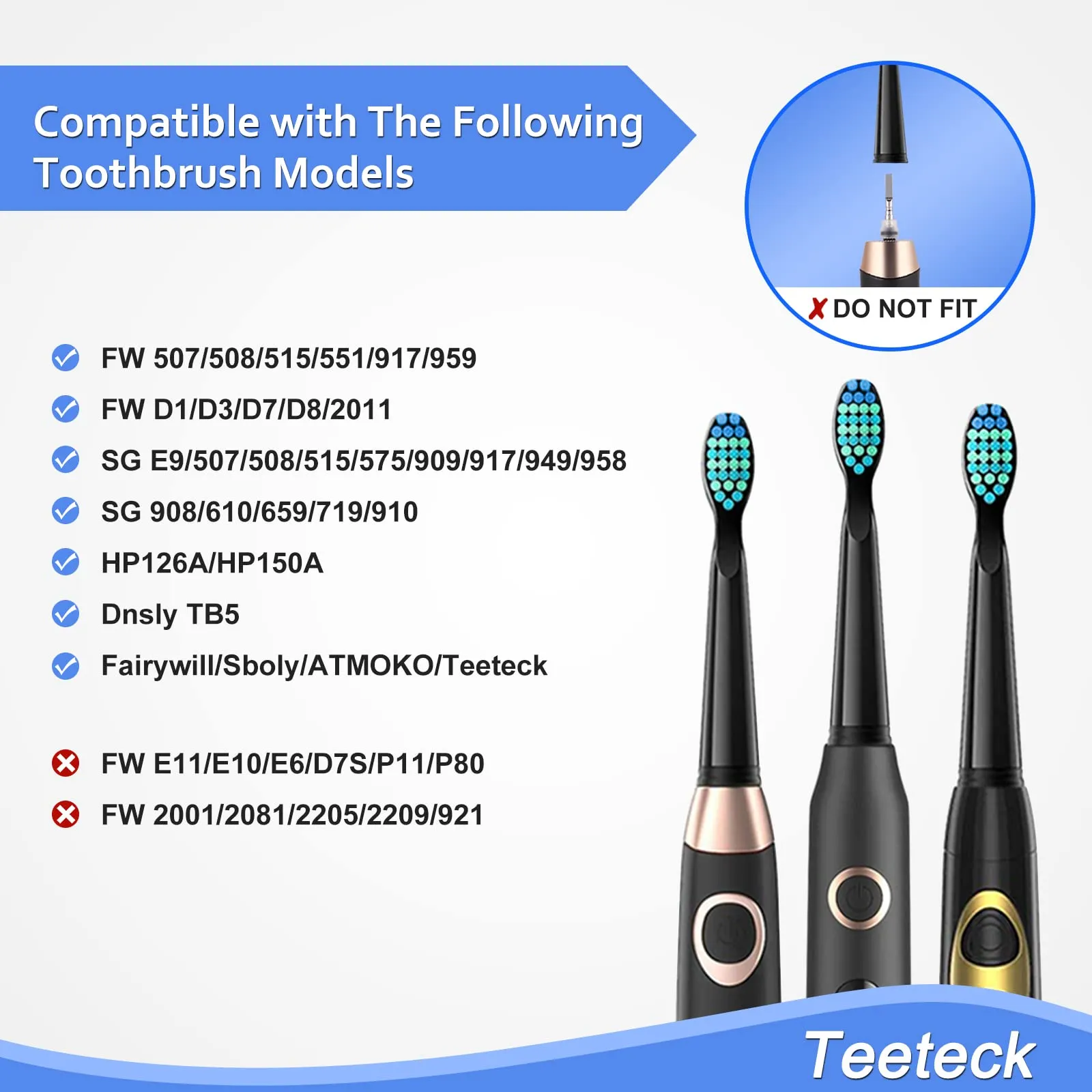 10 Pack Electric Toothbrush Replacement Heads Compatible with Fairywill，Toothbrush Heads Compatible with FW-507/508/551/515/917/959/2011,D1/D3/D7/D8(Black) Black