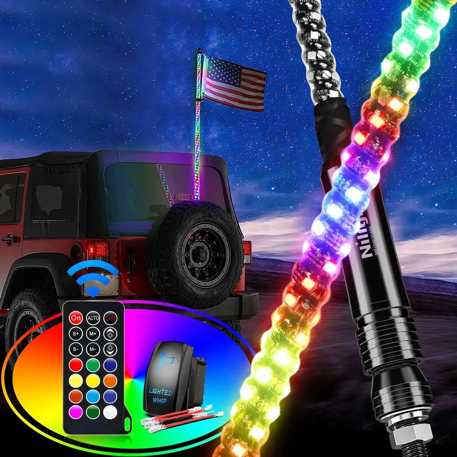 2Pcs 5FT Spiral Antenna Led Whip Light RF Remote Control | 8.6FT Wire 5Pin Switch