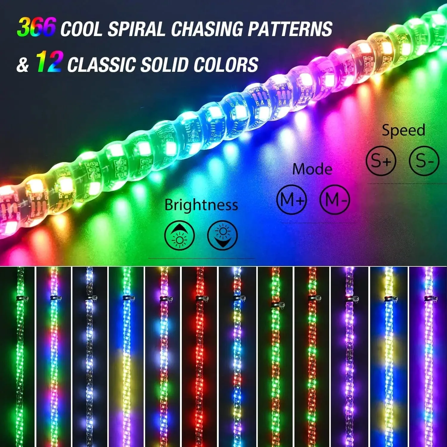 2Pcs 5FT Spiral Antenna Led Whip Light RF Remote Control | 8.6FT Wire 5Pin Switch