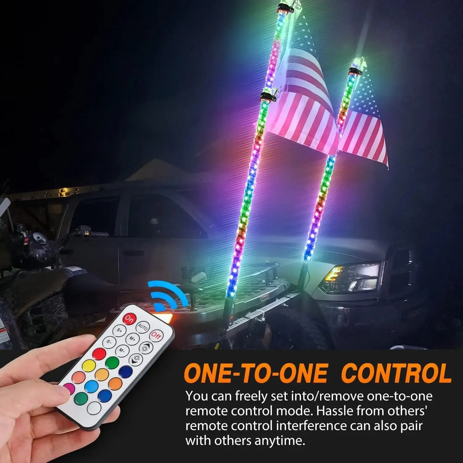 2Pcs 5FT Spiral Antenna Led Whip Light RF Remote Control | 8.6FT Wire 5Pin Switch