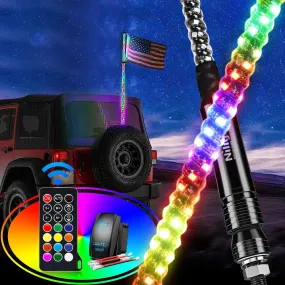 2Pcs 5FT Spiral Antenna Led Whip Light RF Remote Control | 8.6FT Wire 5Pin Switch