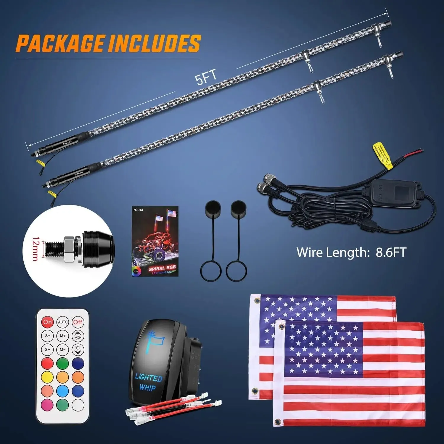 2Pcs 5FT Spiral Antenna Led Whip Light RF Remote Control | 8.6FT Wire 5Pin Switch