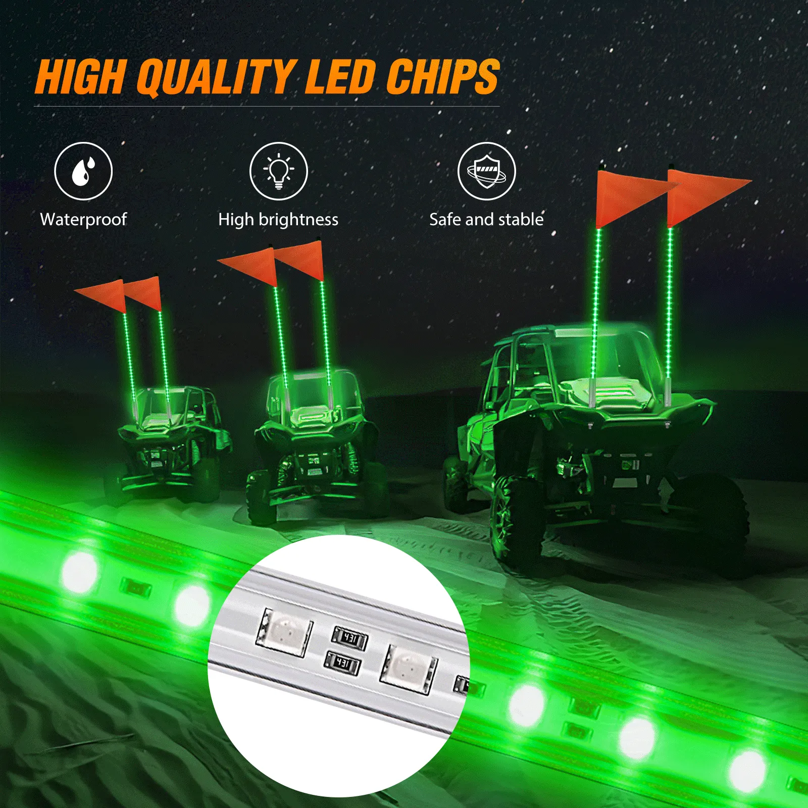 3FT LED Whip Light with Aluminum Base Green Color