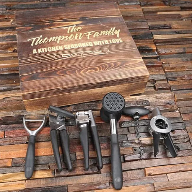 5pc Culinary Gift Set With Can Opener, Garlic Crusher, Wine Bottle Opener, Fruit / Vegetable Peeler, And Meat Mallet With Personalised Gift Box