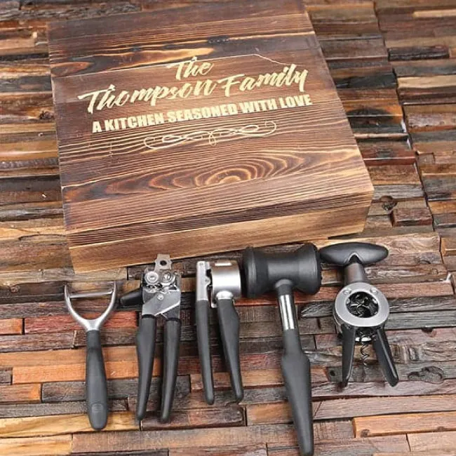 5pc Culinary Gift Set With Can Opener, Garlic Crusher, Wine Bottle Opener, Fruit / Vegetable Peeler, And Meat Mallet With Personalised Gift Box