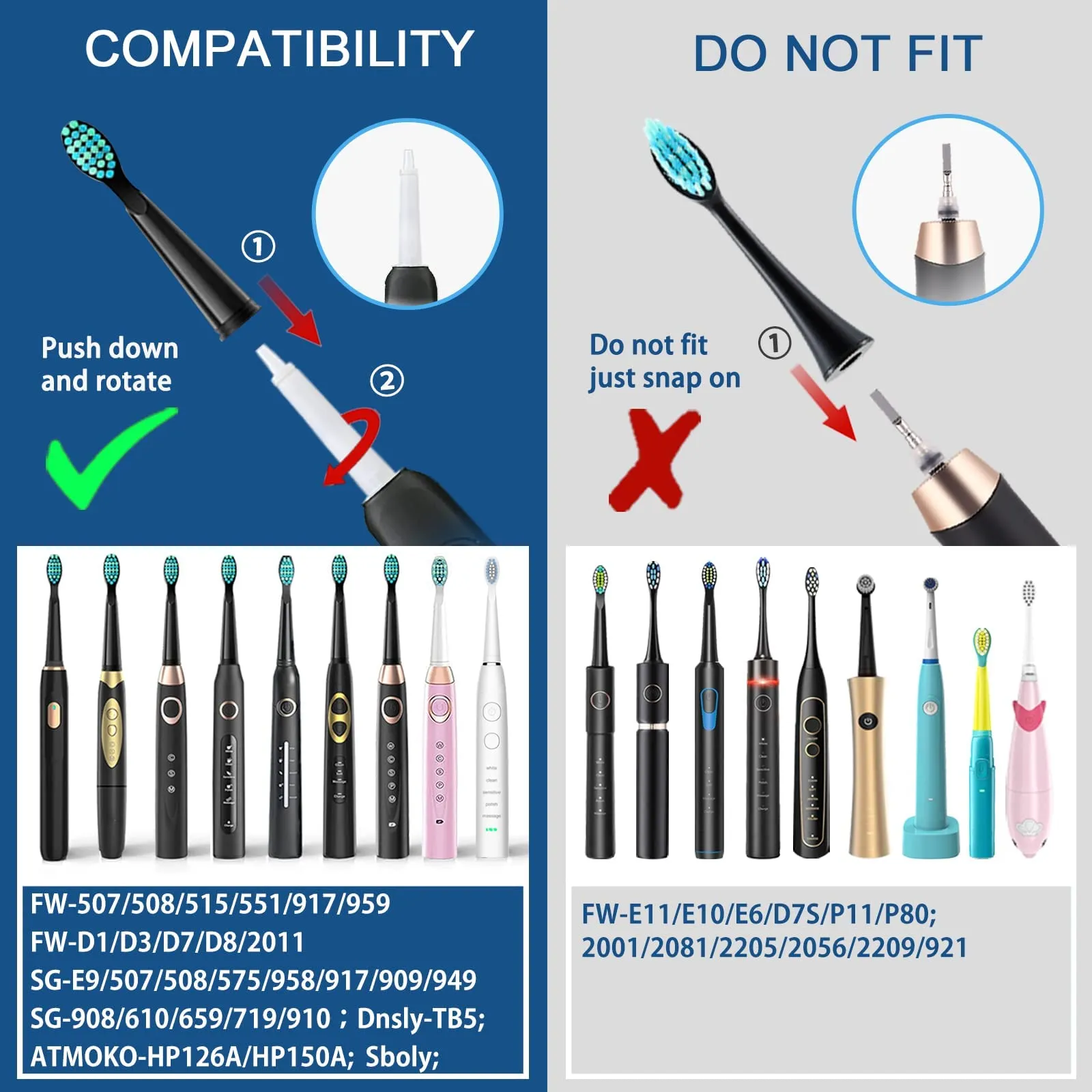 5pcs Replacement Toothbrush Heads for Fairywill D7/D8/FW507/FW508, FW551/ FW917/ FW959/ FWD1/ FWD3 Black