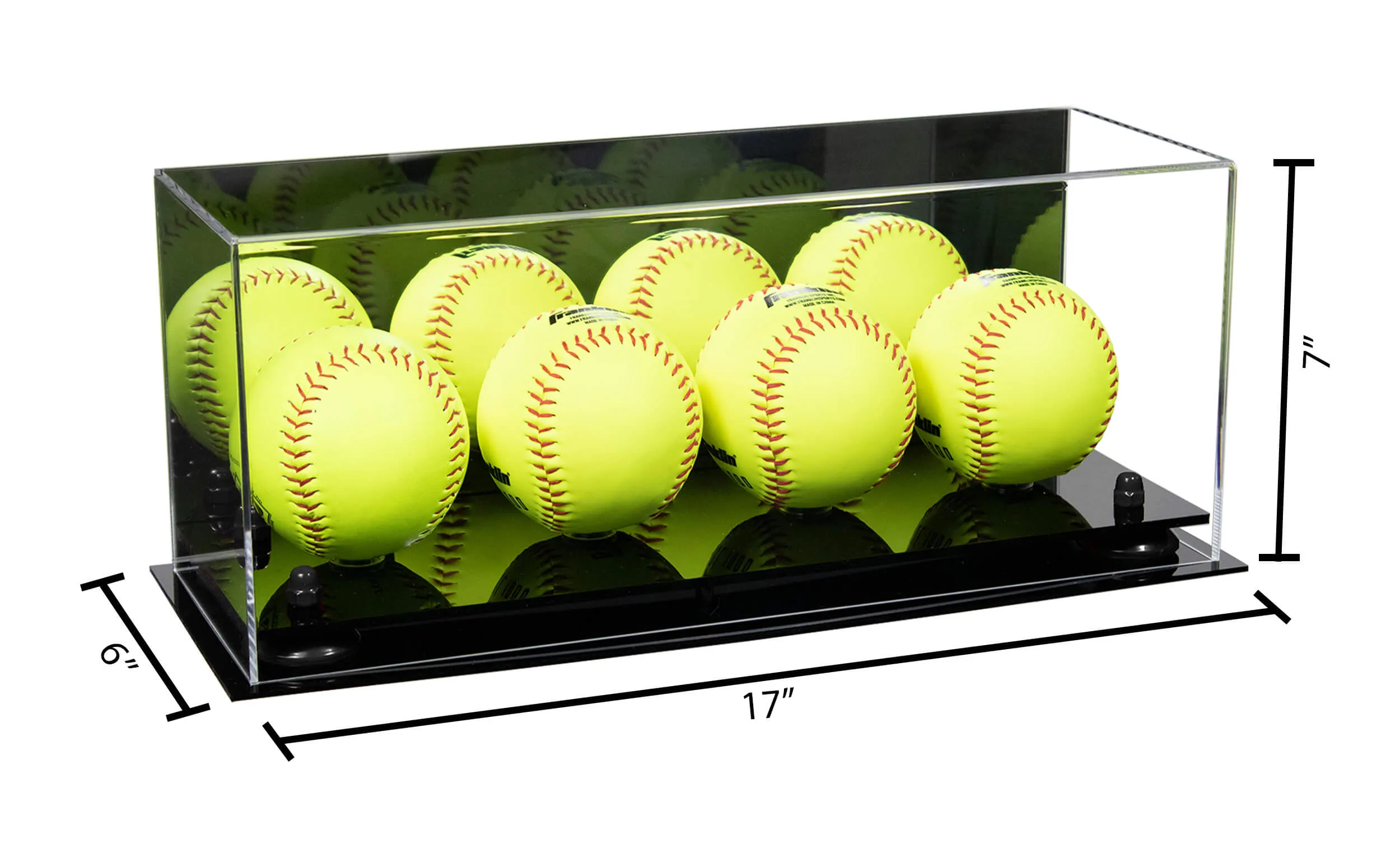 Acrylic Four Softballs Display Case 17 X 6 X 7 Mirror no Wall Mounts (V46/A019)