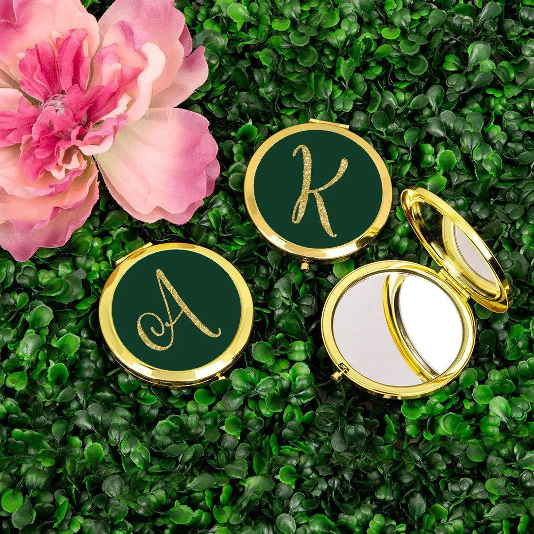 Andaz Press Emerald Green Gold Glitter Monogram Gold 2.75 inch Round Compact Mirror