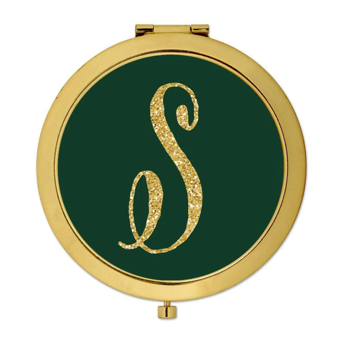 Andaz Press Emerald Green Gold Glitter Monogram Gold 2.75 inch Round Compact Mirror