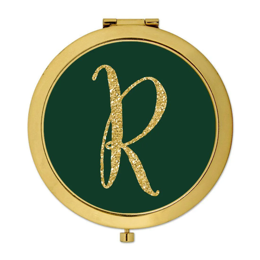 Andaz Press Emerald Green Gold Glitter Monogram Gold 2.75 inch Round Compact Mirror
