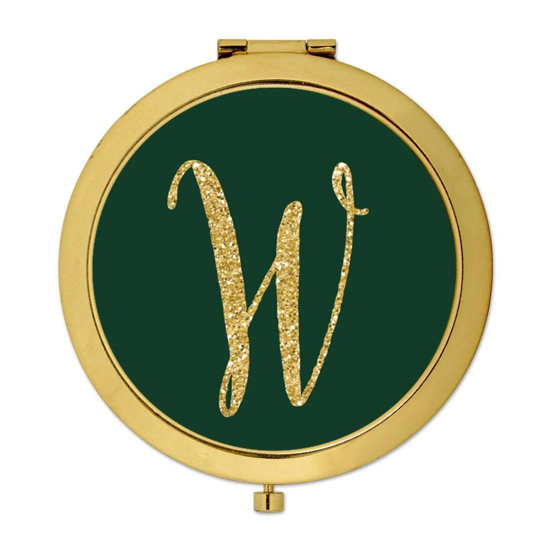 Andaz Press Emerald Green Gold Glitter Monogram Gold 2.75 inch Round Compact Mirror