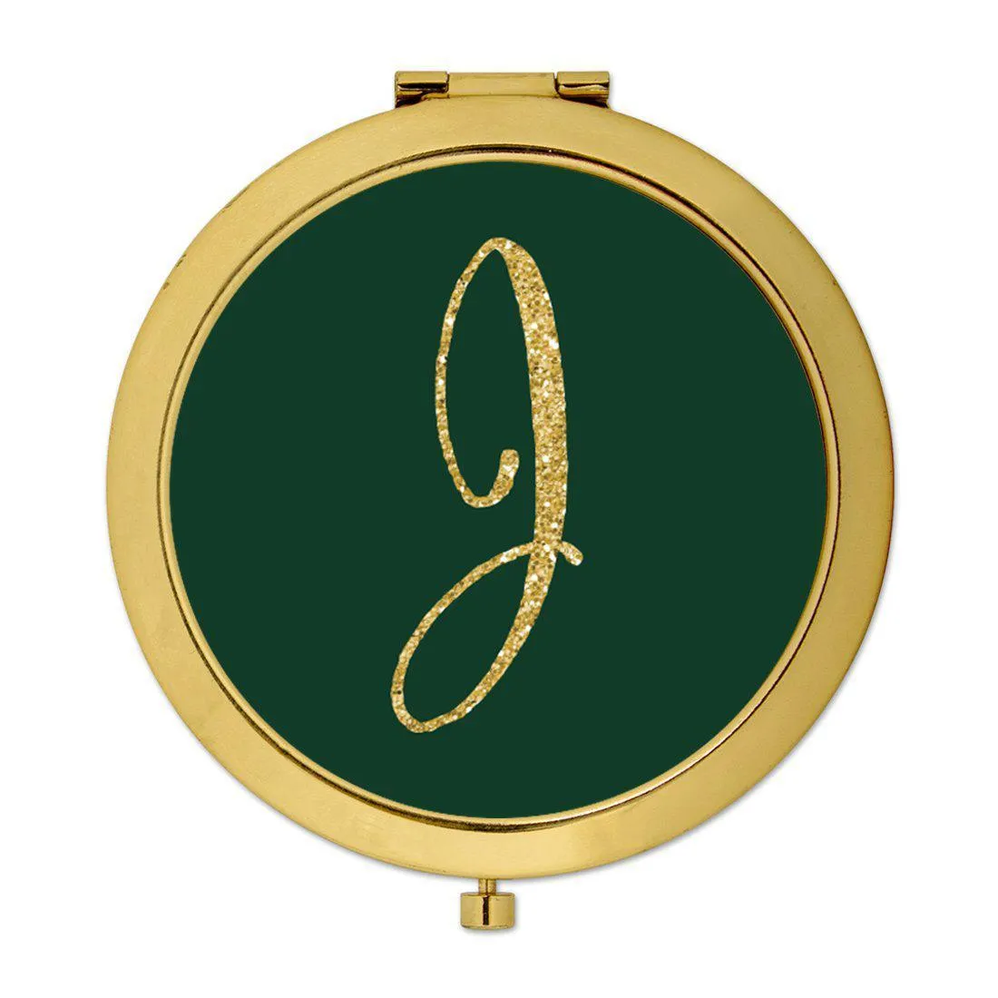 Andaz Press Emerald Green Gold Glitter Monogram Gold 2.75 inch Round Compact Mirror