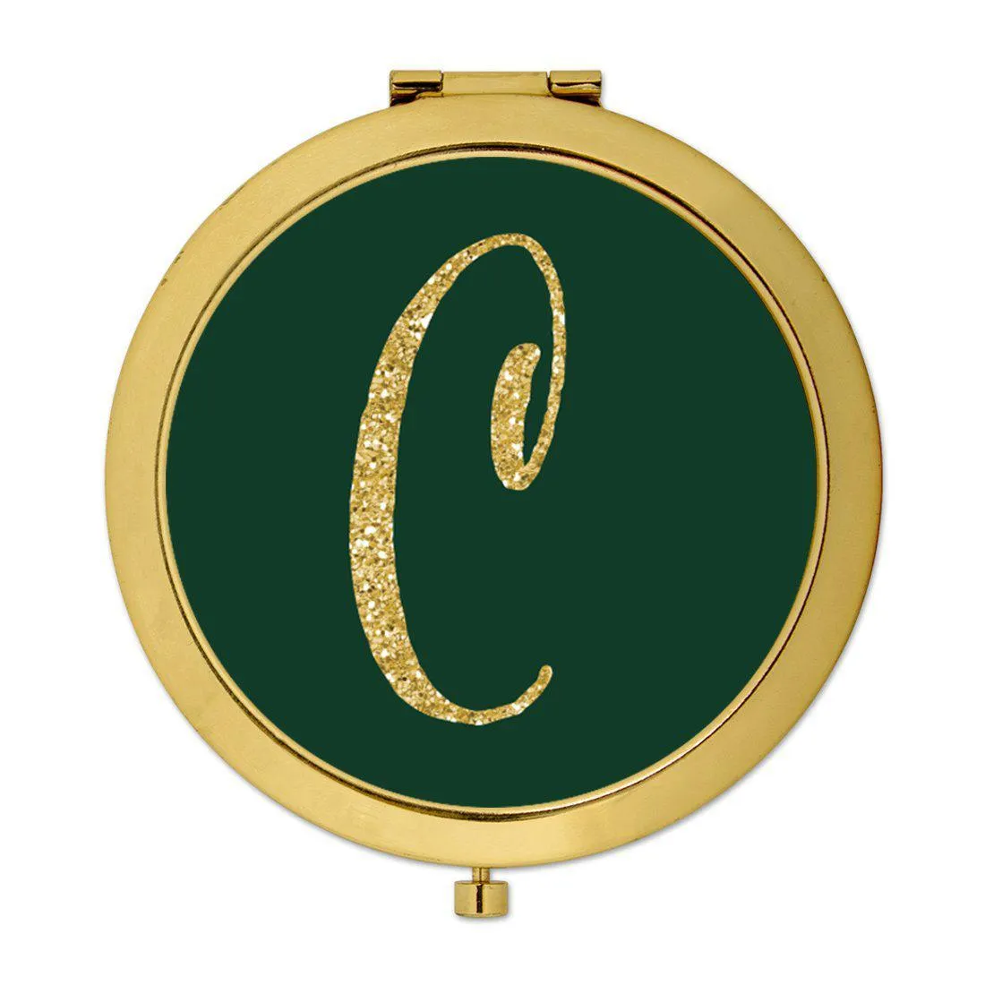 Andaz Press Emerald Green Gold Glitter Monogram Gold 2.75 inch Round Compact Mirror