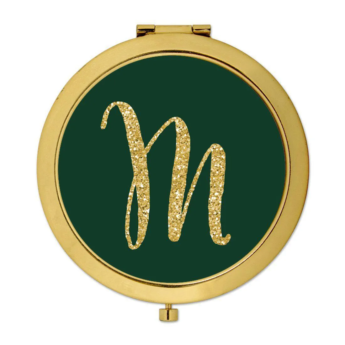 Andaz Press Emerald Green Gold Glitter Monogram Gold 2.75 inch Round Compact Mirror