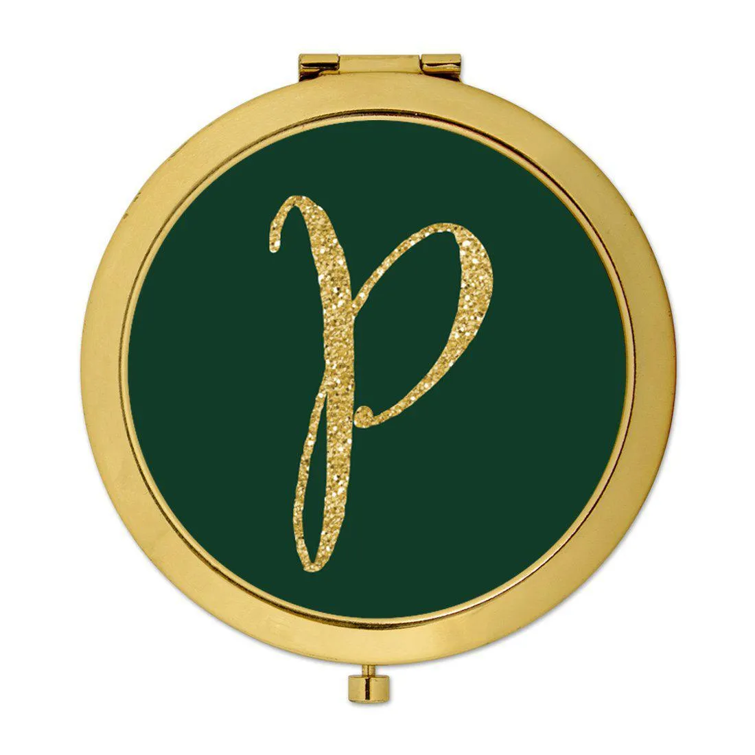 Andaz Press Emerald Green Gold Glitter Monogram Gold 2.75 inch Round Compact Mirror