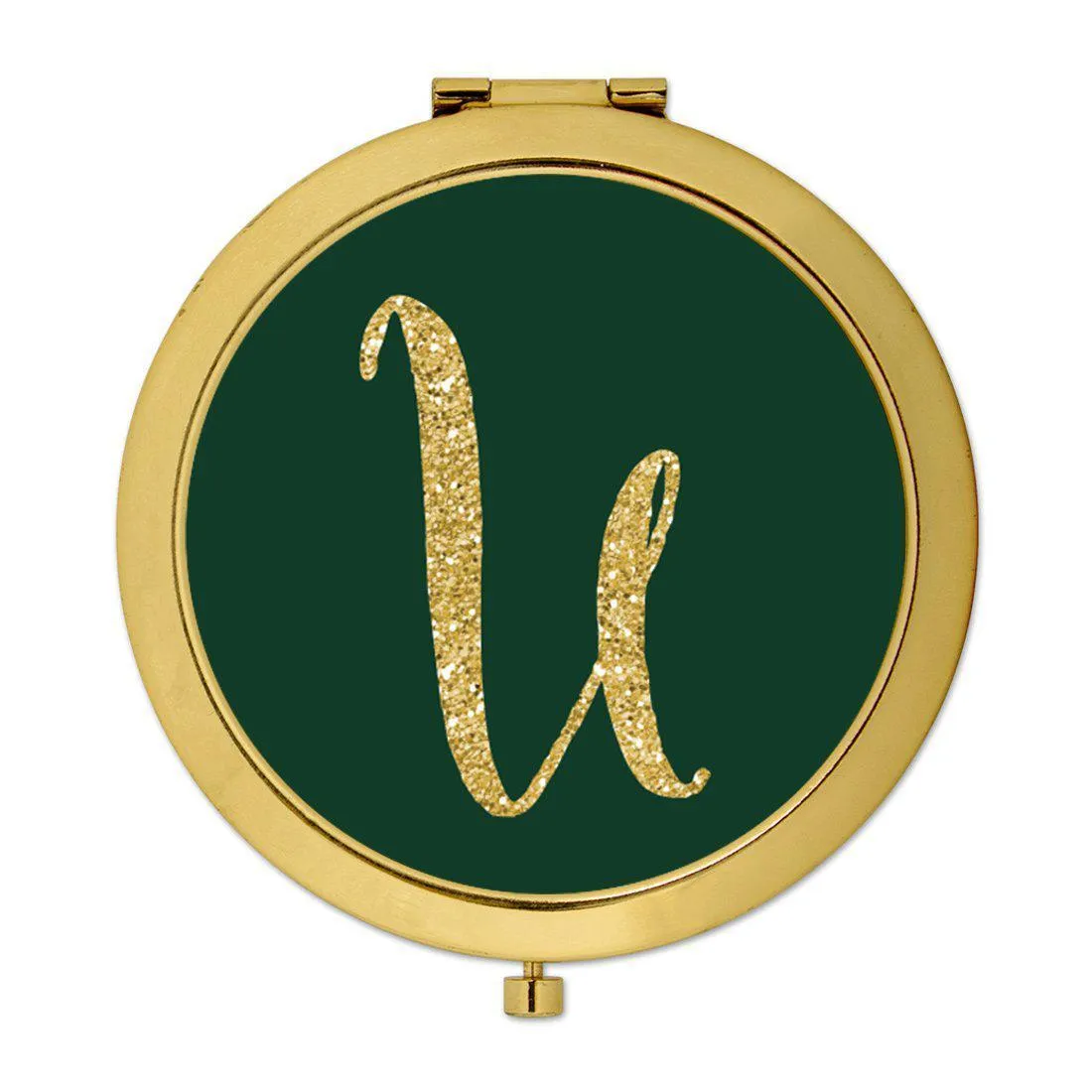 Andaz Press Emerald Green Gold Glitter Monogram Gold 2.75 inch Round Compact Mirror