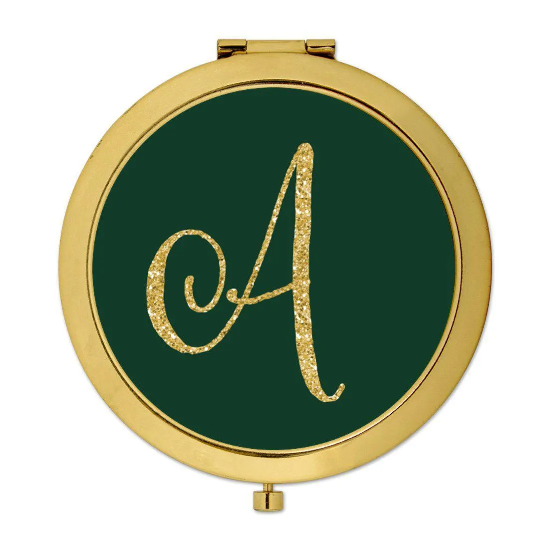 Andaz Press Emerald Green Gold Glitter Monogram Gold 2.75 inch Round Compact Mirror