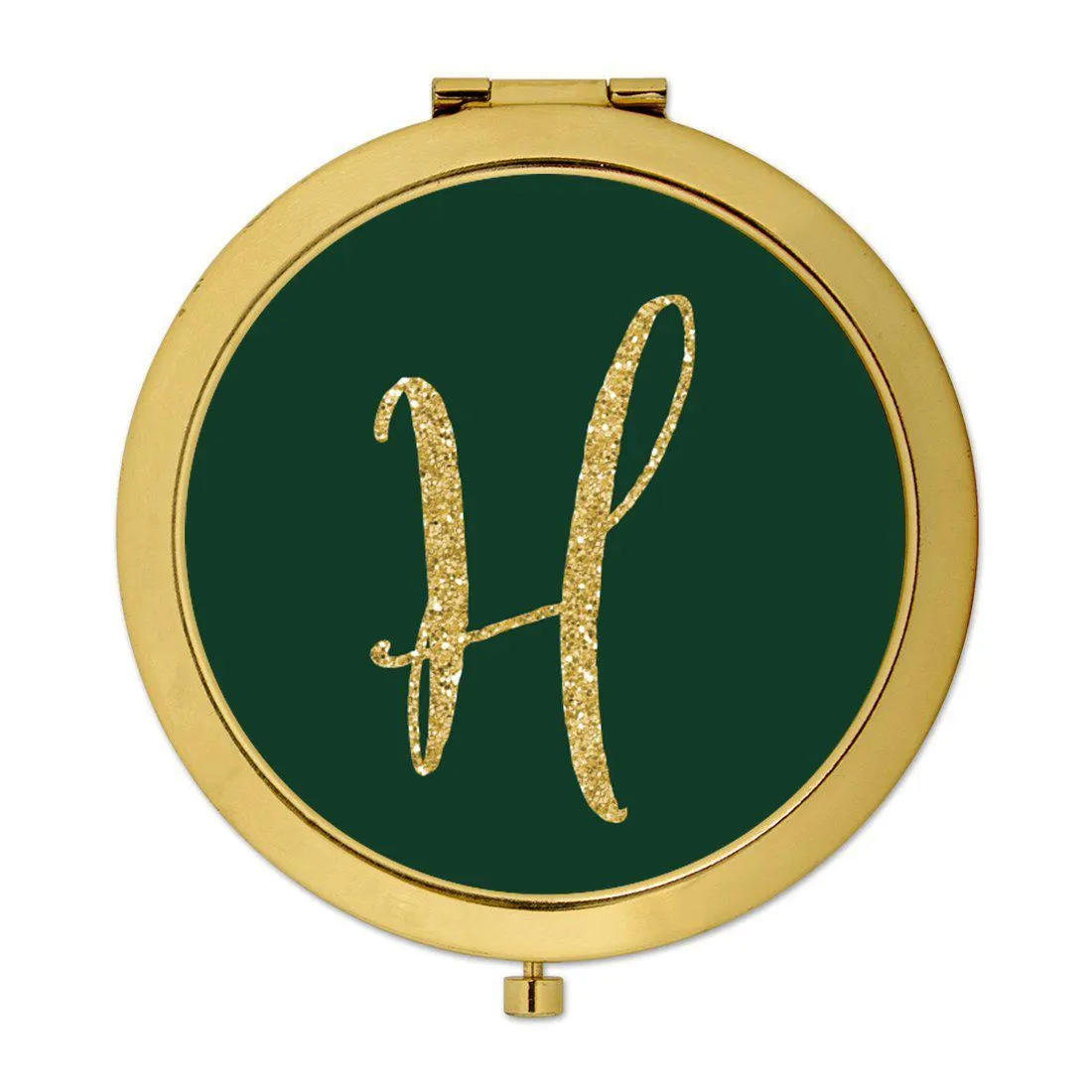 Andaz Press Emerald Green Gold Glitter Monogram Gold 2.75 inch Round Compact Mirror