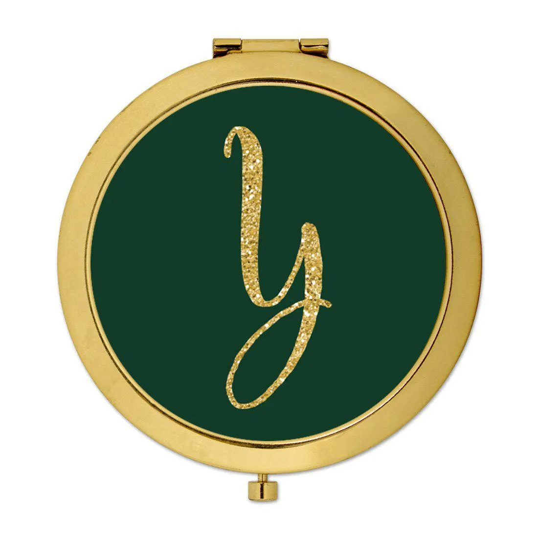 Andaz Press Emerald Green Gold Glitter Monogram Gold 2.75 inch Round Compact Mirror