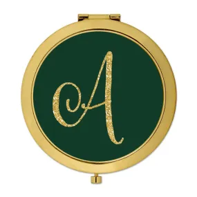 Andaz Press Emerald Green Gold Glitter Monogram Gold 2.75 inch Round Compact Mirror