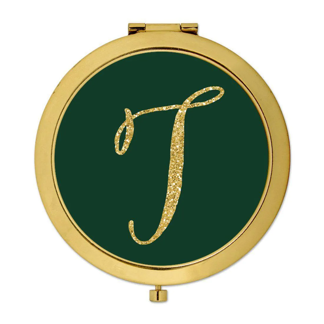 Andaz Press Emerald Green Gold Glitter Monogram Gold 2.75 inch Round Compact Mirror
