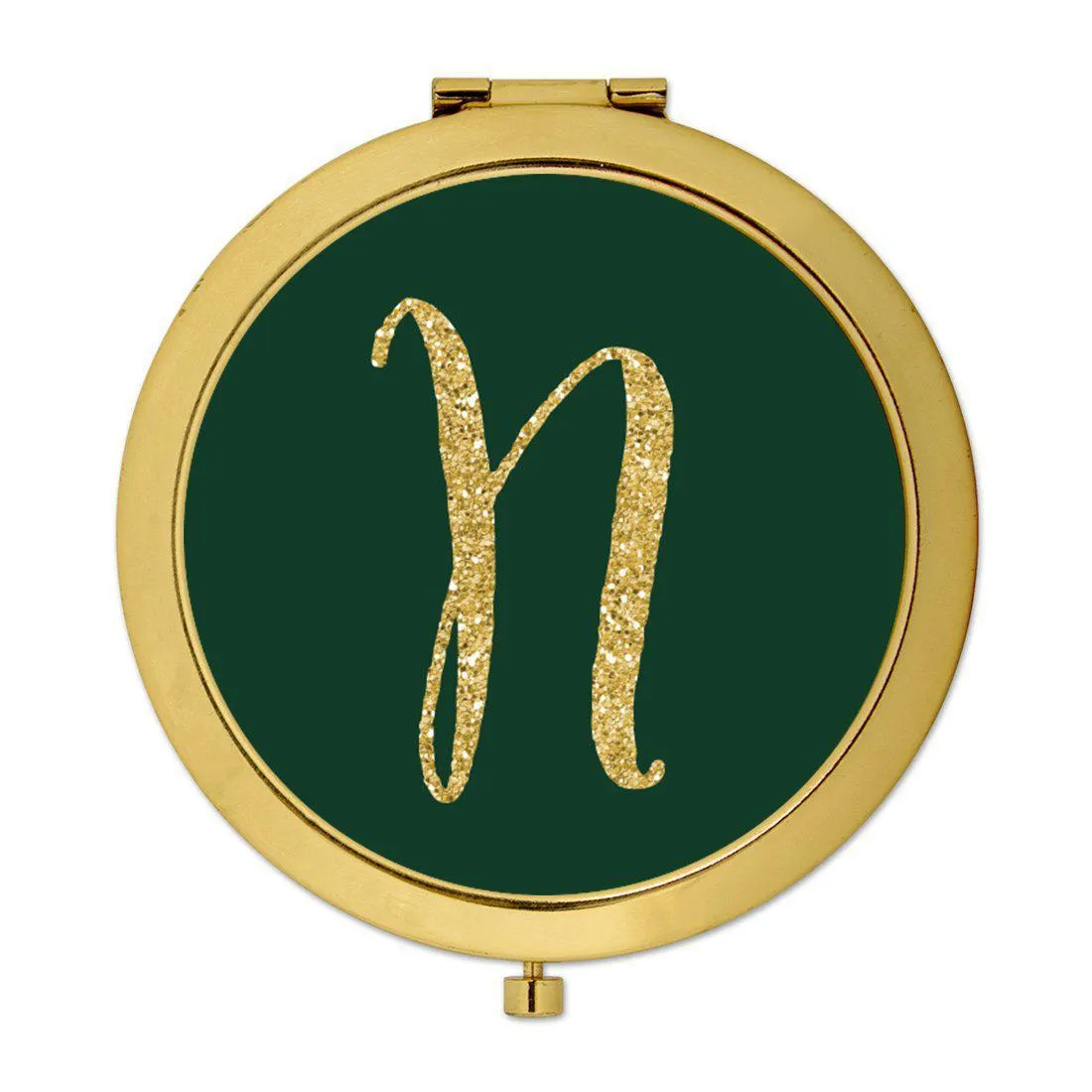 Andaz Press Emerald Green Gold Glitter Monogram Gold 2.75 inch Round Compact Mirror