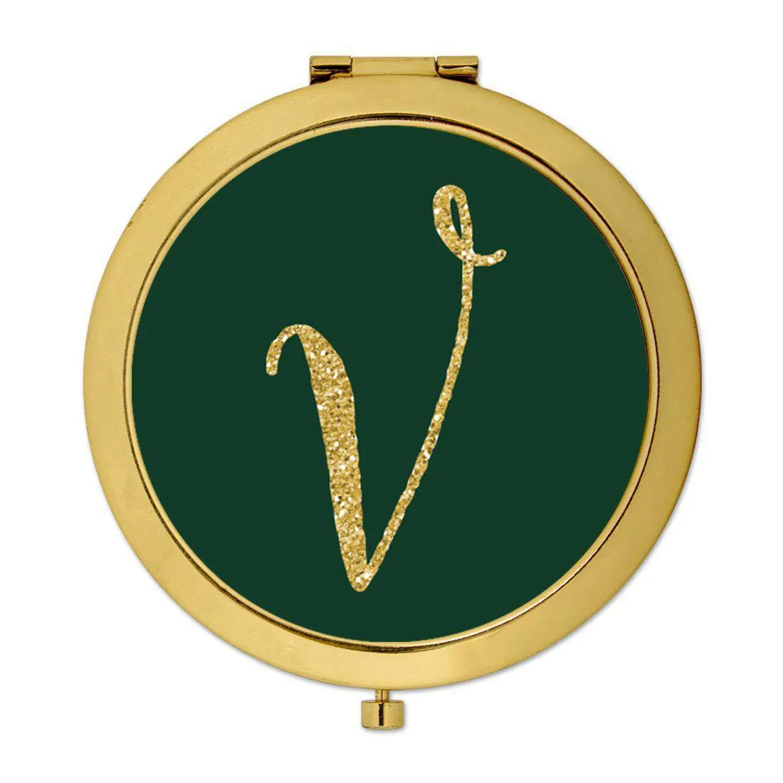 Andaz Press Emerald Green Gold Glitter Monogram Gold 2.75 inch Round Compact Mirror