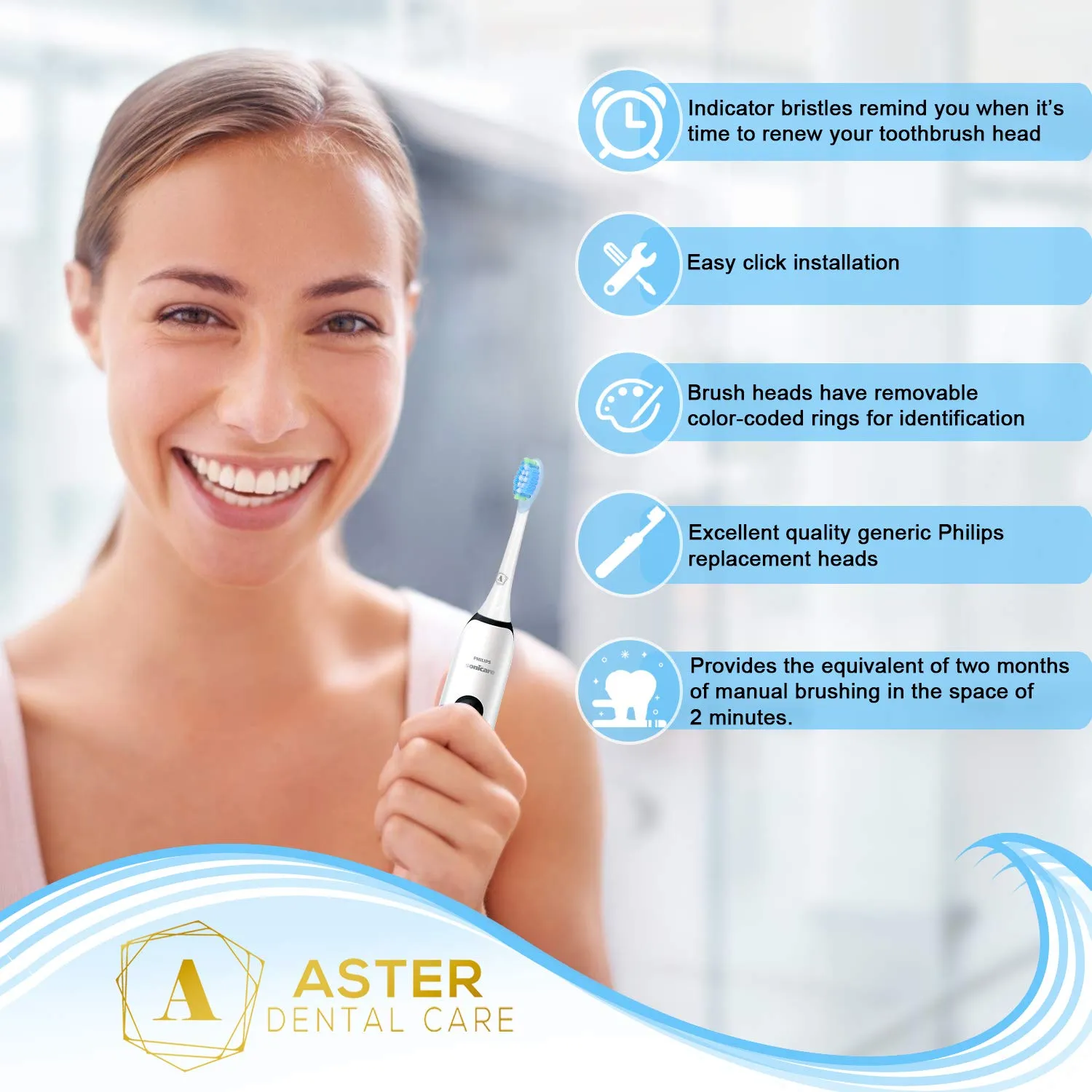 Aster Electric Toothbrush Head Replacements - 8 Pack, Professional Toothbrush Heads, ﻿Compatible with Philips Sonicare Electric Toothbrush