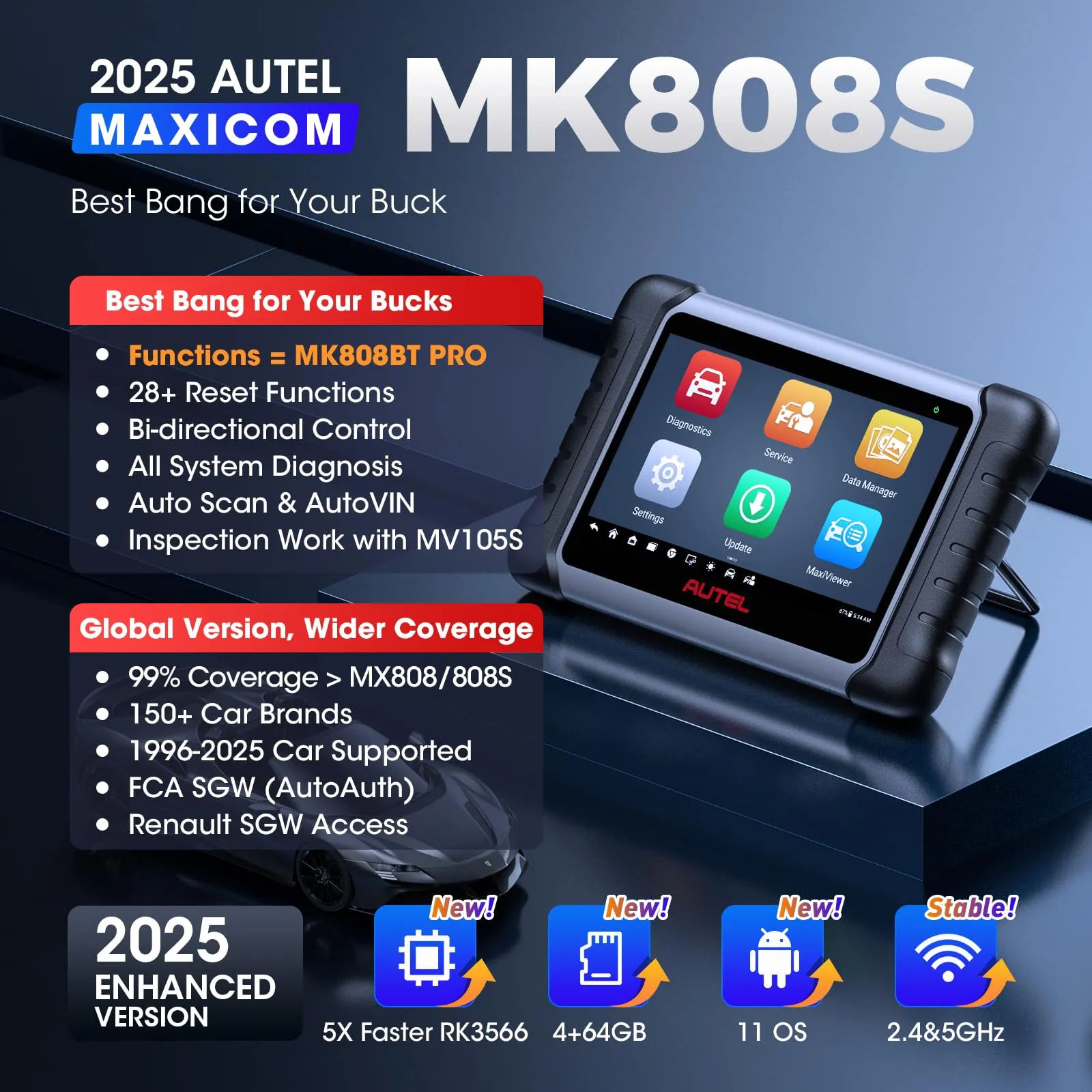 Autel Scanner MaxiCOM MK808S: 2025 Bidirectional Tool as MK808BT Pro MX808S M808Z, Function as MaxiCheck MX900, 28  Service, Active Test, All System Diagnose, Injector Coding, FCA Autoauth Android 11