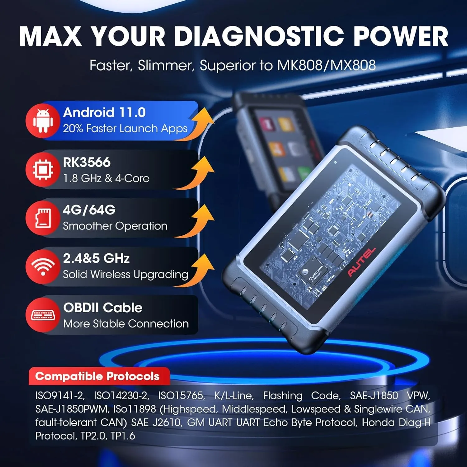 Autel Scanner MaxiCOM MK808S: 2025 Bidirectional Tool as MK808BT Pro MX808S M808Z, Function as MaxiCheck MX900, 28  Service, Active Test, All System Diagnose, Injector Coding, FCA Autoauth Android 11