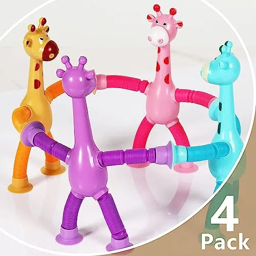 Bendable Giraffe Figures, Set of 4 Flexible Giraffes, Telescopic Suction Cup Giraffe Toy, Telescopic Pop Tubes, Fidget Tubes Sensory Toys for Girls Boys