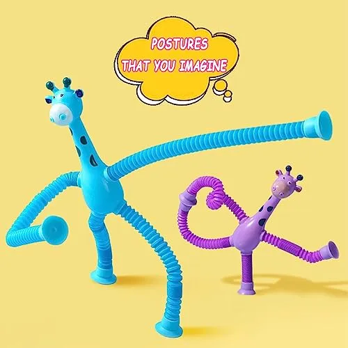 Bendable Giraffe Figures, Set of 4 Flexible Giraffes, Telescopic Suction Cup Giraffe Toy, Telescopic Pop Tubes, Fidget Tubes Sensory Toys for Girls Boys