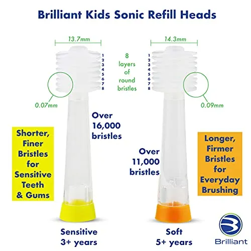 Brilliant Oral Care Kids Sonic Toothbrush Soft Replacement Heads, for Children Ages 5 , Orange, 2 Pack