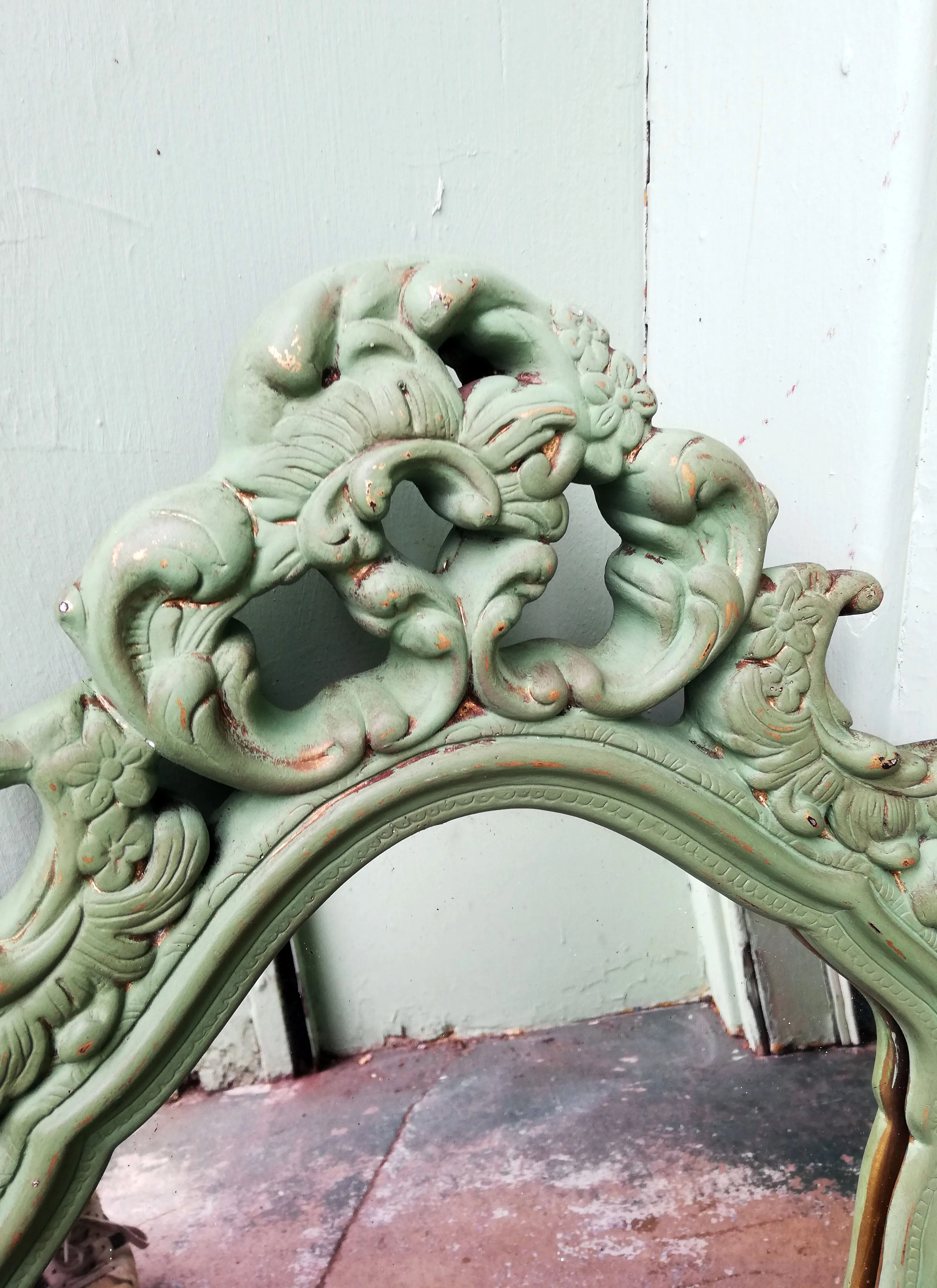 Chunky ornate gold mirror painted in an Olive Green antique finish