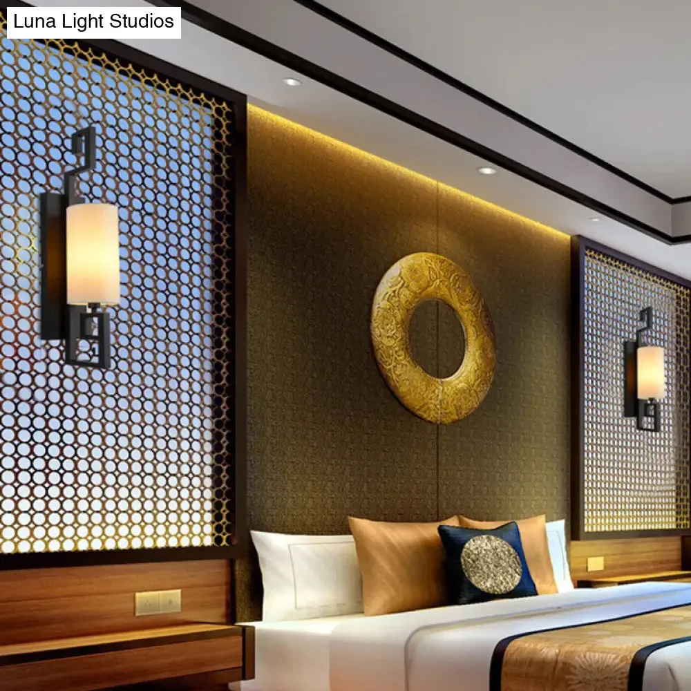Classic Cylinder Metal Wall Sconce with Fabric Shade in Black/Gold - 1 Light Fixture