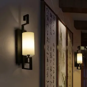 Classic Cylinder Metal Wall Sconce with Fabric Shade in Black/Gold - 1 Light Fixture