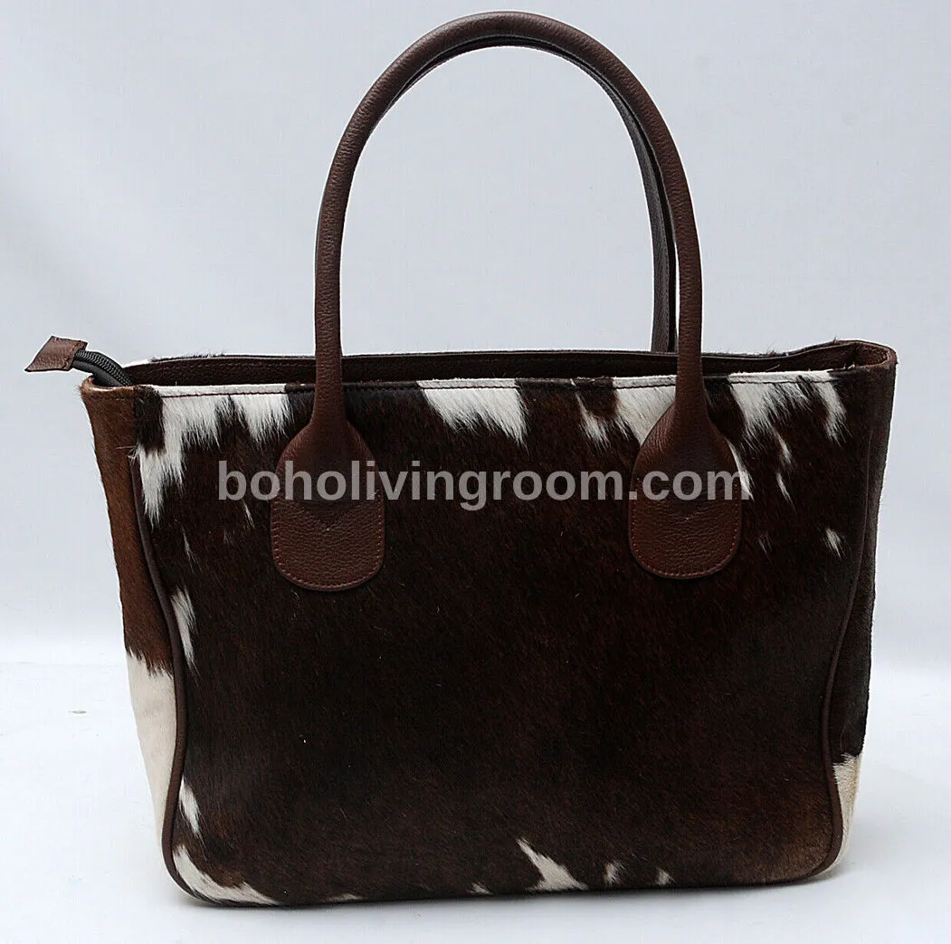 Cowhide Fur Shoulder Purse Dark Brown White