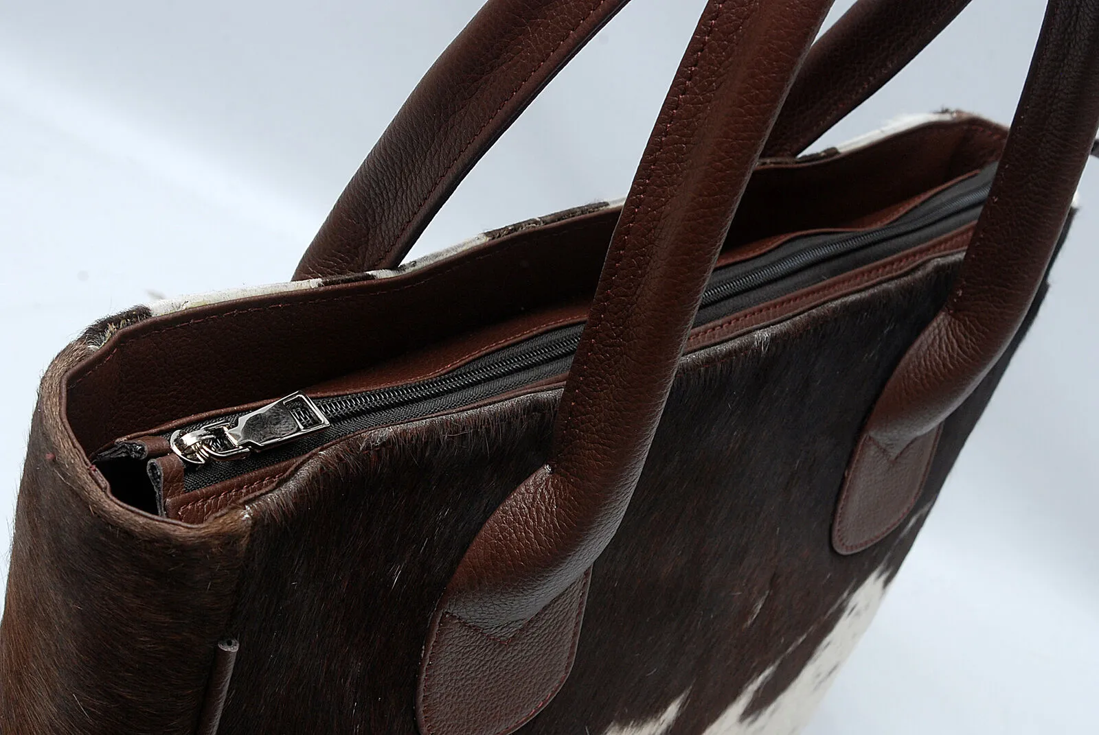 Cowhide Fur Shoulder Purse Dark Brown White