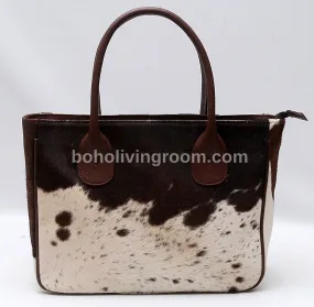 Cowhide Fur Shoulder Purse Dark Brown White