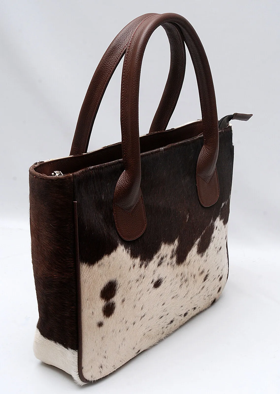 Cowhide Fur Shoulder Purse Dark Brown White