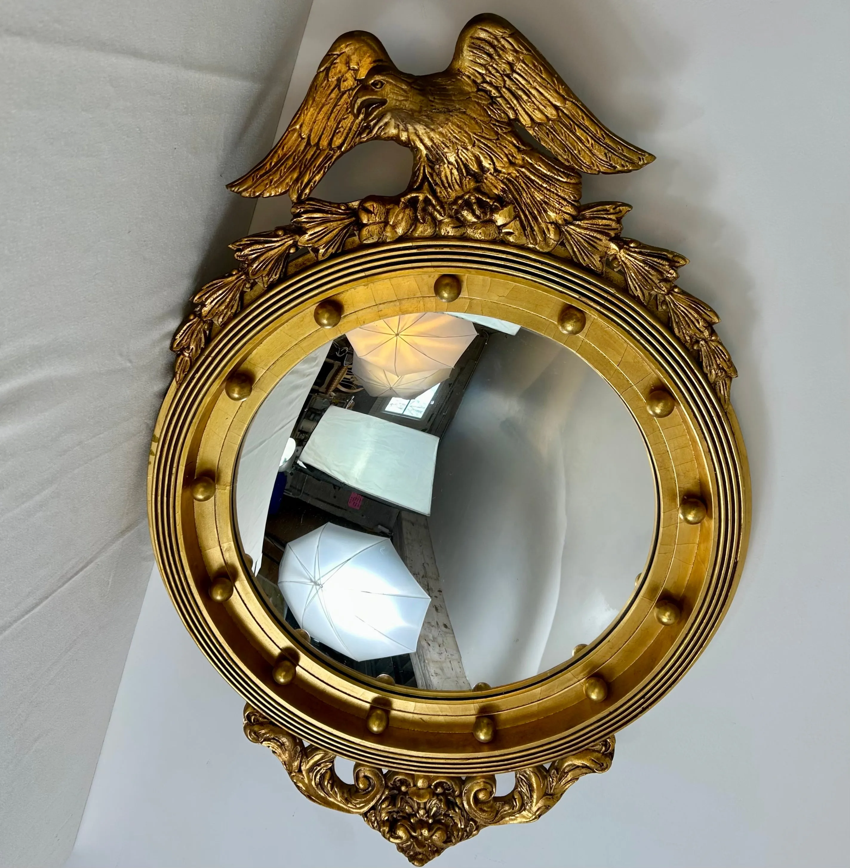 Federal Style Round Wall Mirror, Gilt, Eagle