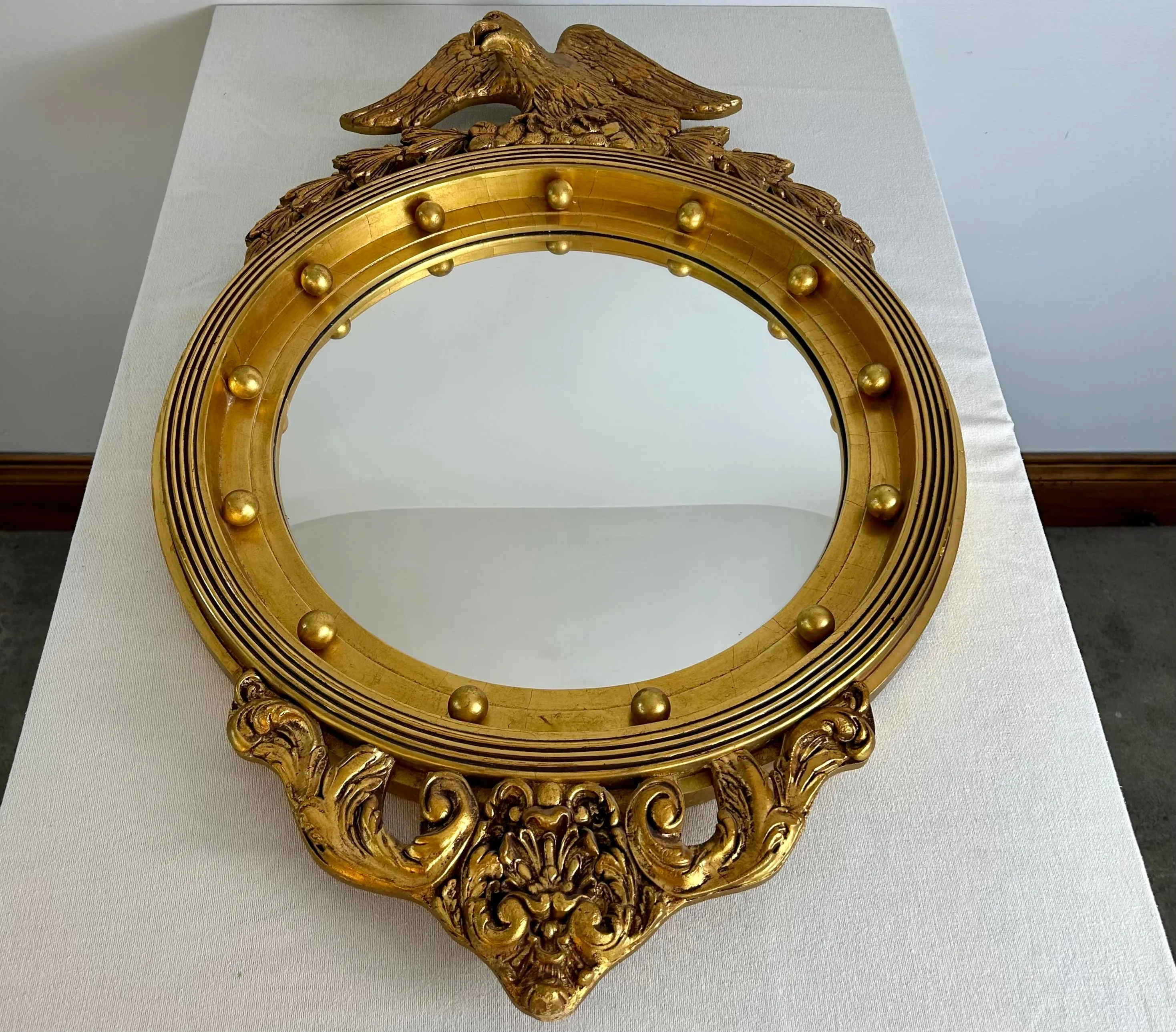 Federal Style Round Wall Mirror, Gilt, Eagle