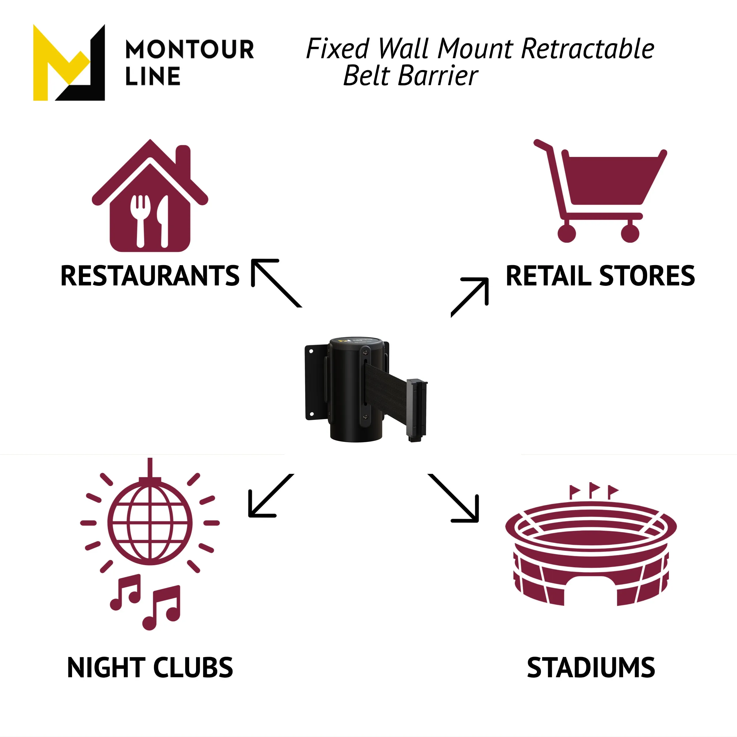 Fixed Wall Mount Retractable Belt Barrier with Fixed Belt End, Black Steel Case, 14 ft or 16ft. Belt - Montour Line WM215