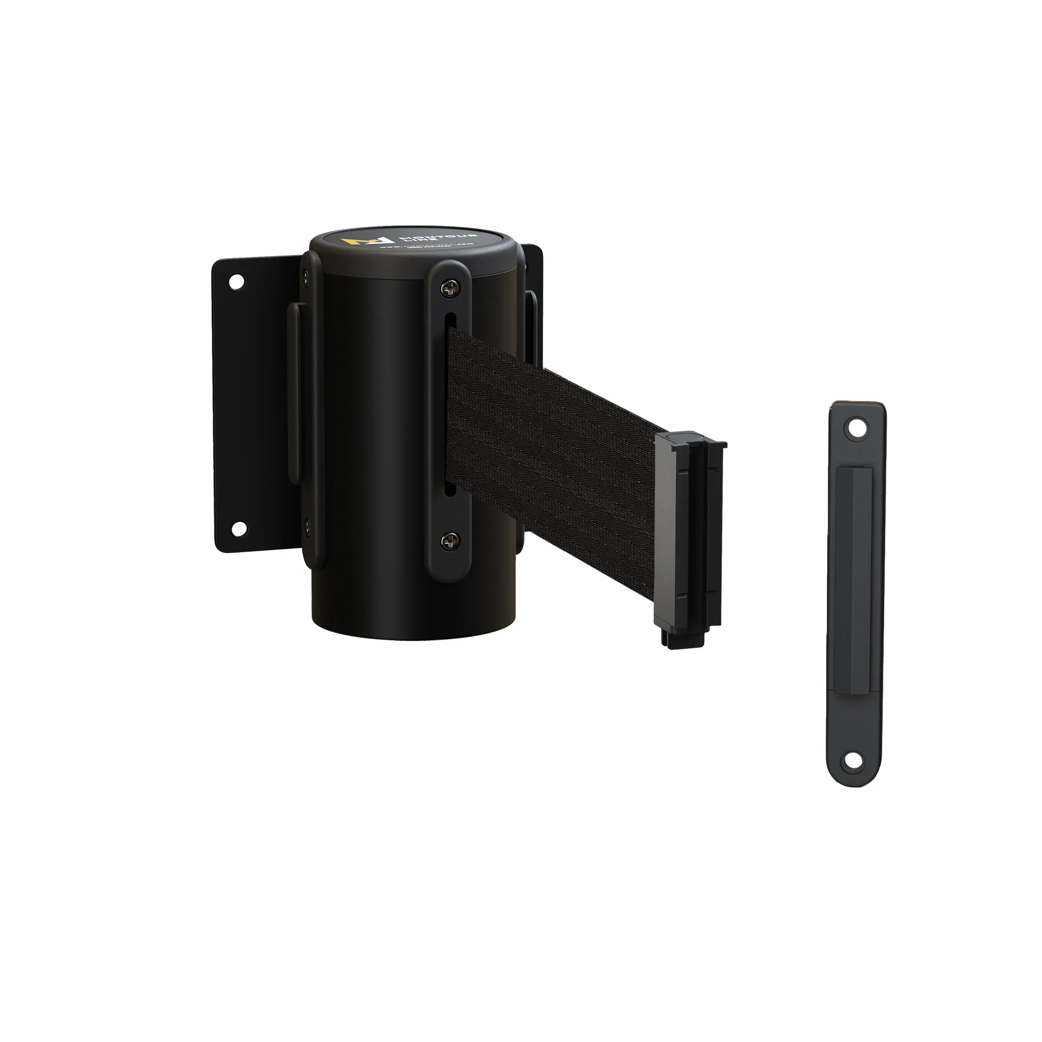 Fixed Wall Mount Retractable Belt Barrier with Fixed Belt End, Black Steel Case, 14 ft or 16ft. Belt - Montour Line WM215