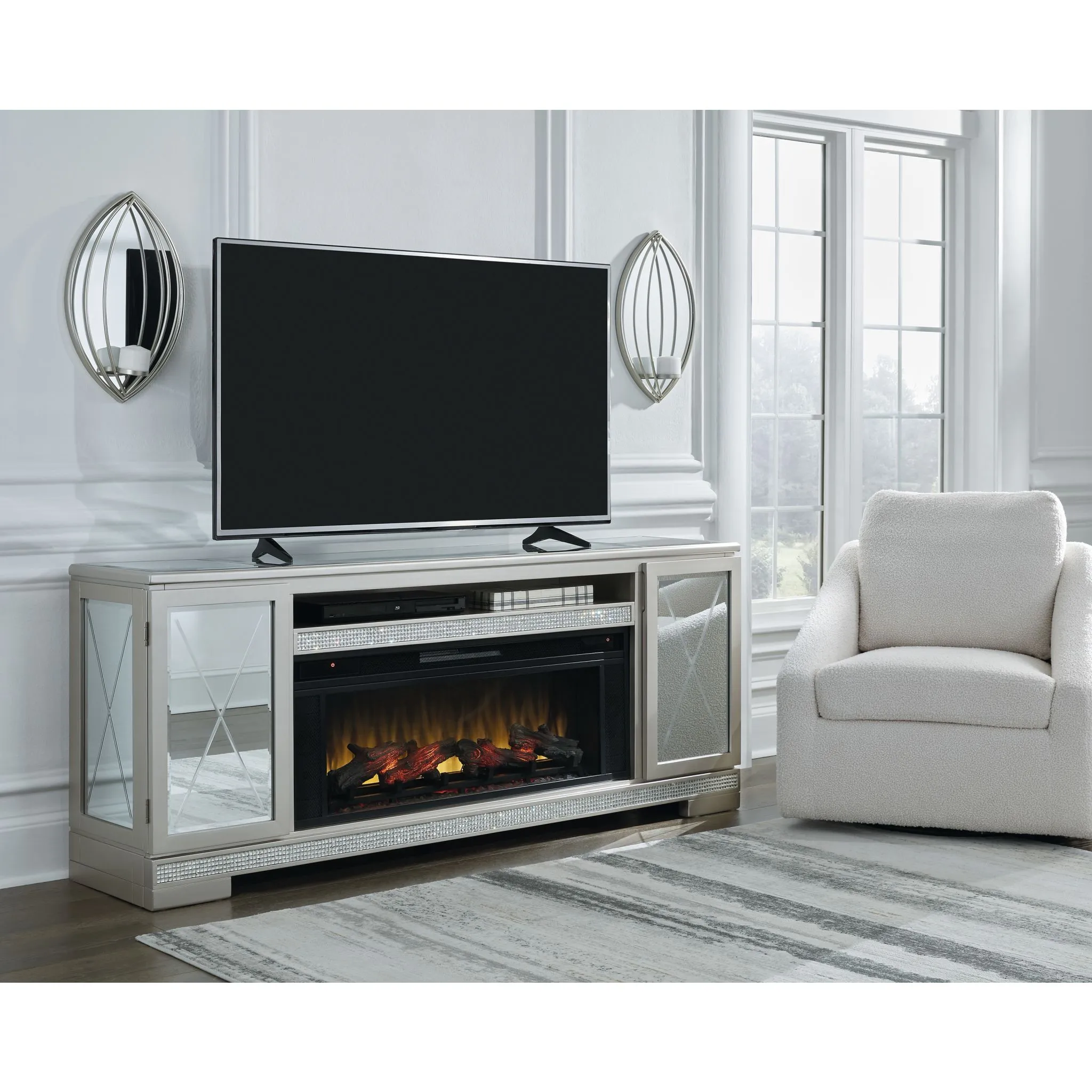 Flamory TV Stand with Fireplace - Silver