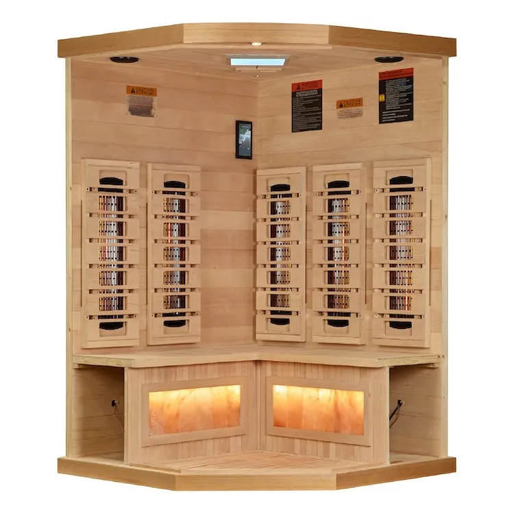 Golden Designs 3-Person Corner Full Spectrum PureTech™ Near Zero EMF FAR Infrared Sauna with Himalayan Salt Bar (Canadian Hemlock)