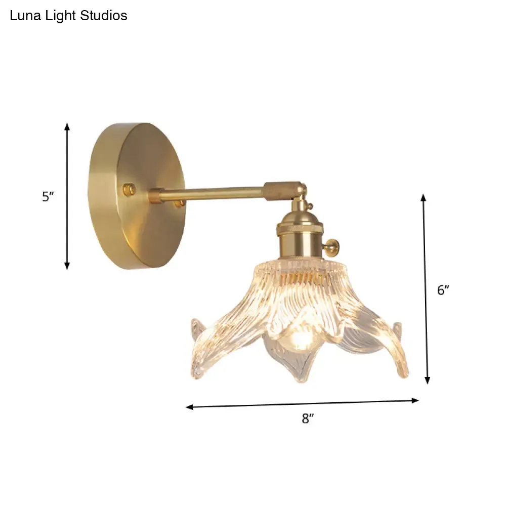 Industrial Wall Mounted Swing Arm Reading Light with Blossom/Bowl Clear Glass Shade - Iron Brass Finish
