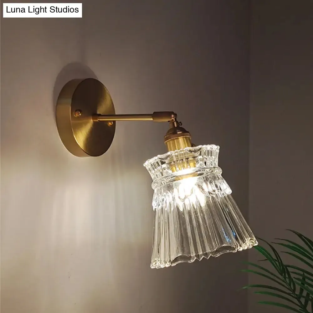 Industrial Wall Mounted Swing Arm Reading Light with Blossom/Bowl Clear Glass Shade - Iron Brass Finish