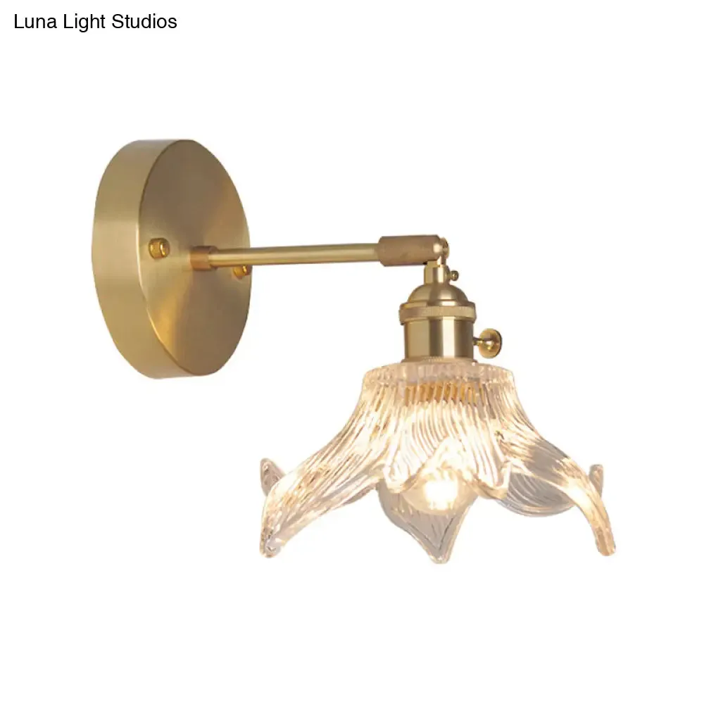 Industrial Wall Mounted Swing Arm Reading Light with Blossom/Bowl Clear Glass Shade - Iron Brass Finish
