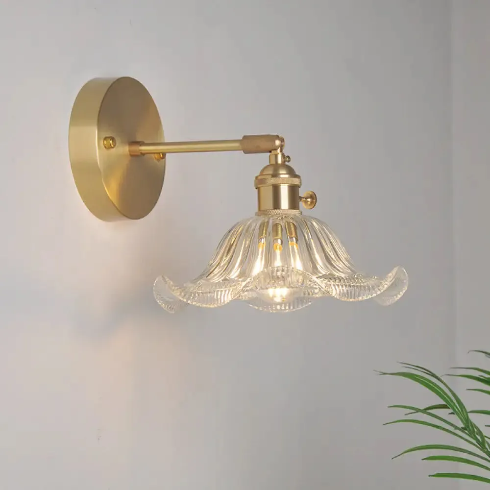 Industrial Wall Mounted Swing Arm Reading Light with Blossom/Bowl Clear Glass Shade - Iron Brass Finish